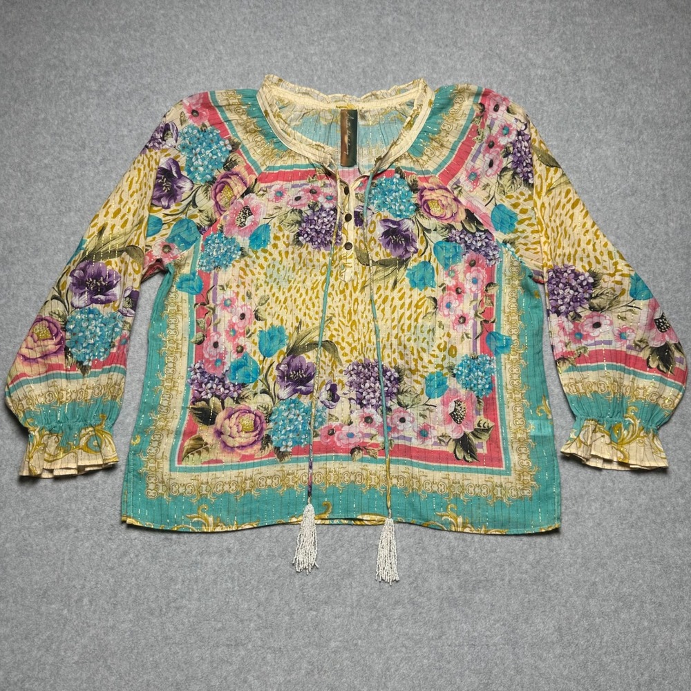 Aratta Artisan Leopard Floral Blouse Metallic Teal Lurex Boho Tassel Top Small